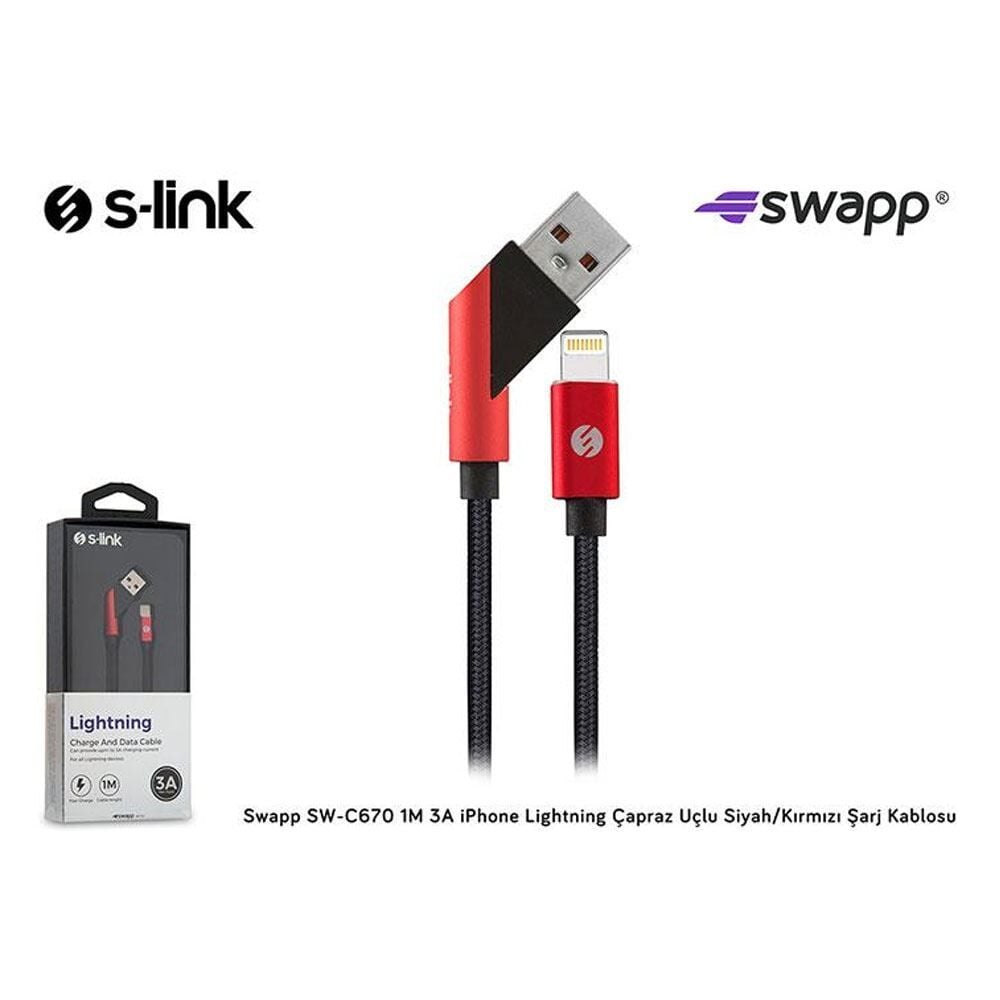 S-LİNK SWAPP SW-C670 3A LİGHTNING ÇAPRAZ UÇLU SİYAH/KIRMIZI ŞARJ KABLOSU -1M